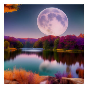 Póster Luna de cosecha de otoño púrpura
