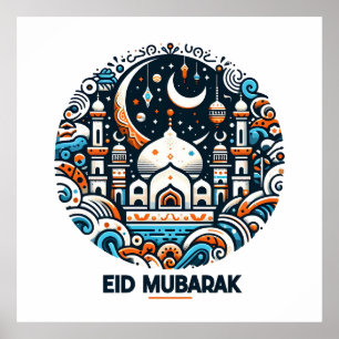 Póster Luna de Creciente Dorado y Linterna Eid Mubarak Is