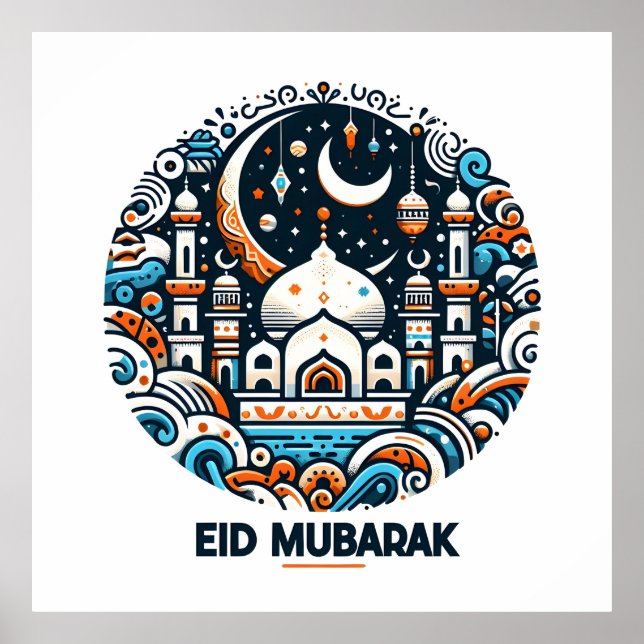 Póster Luna de Creciente Dorado y Linterna Eid Mubarak Is (Frente)