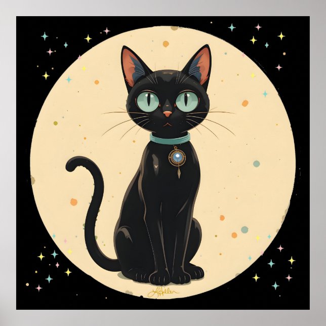 Póster Luna de gato negro futurista atómico (Frente)