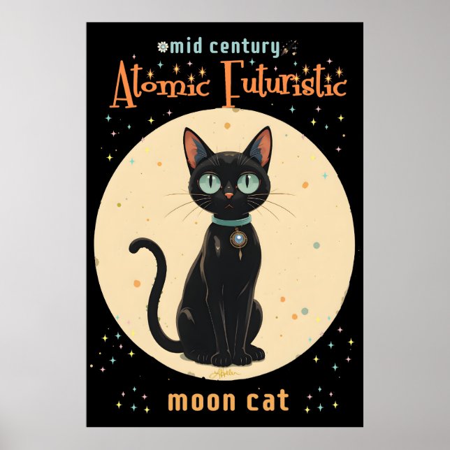 Póster Luna de gato negro futurista atómico con texto (Frente)