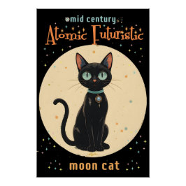 Póster Luna de gato negro futurista atómico con texto