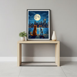 Póster Luna de gatos románticos de paisajes nocturnos