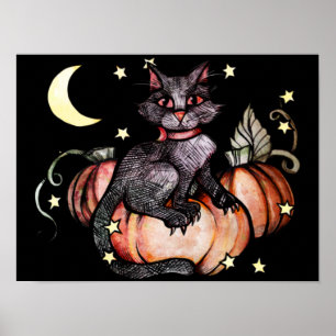 Póster Luna de parche de calabaza para gato negro