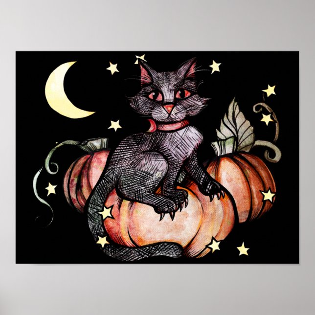 Póster Luna de parche de calabaza para gato negro (Frente)