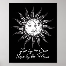 Póster luna de sol celestial blanco negro simple gráfico