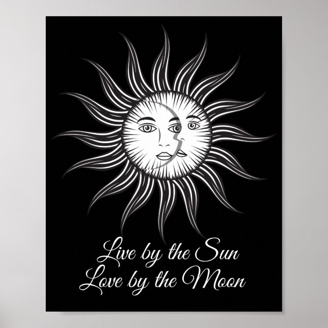 Póster luna de sol celestial blanco negro simple gráfico (Frente)