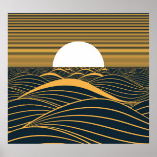 Póster Luna de sol estilizada, ilustracion de mar oscuro.