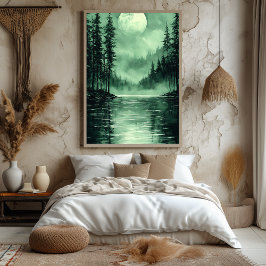 Póster Luna del Bosque Místico en Verde Monocromo