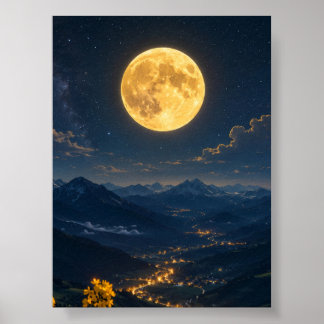 Póster Luna dorada sobre el paisaje nocturno del valle de