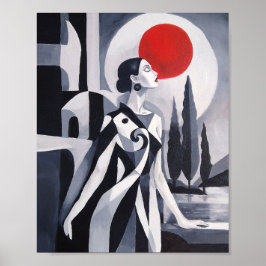 Póster Luna Escarlata: Mujer Estilizada en Paisaje Monocr