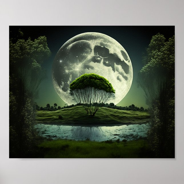 Póster Luna llena con árbol y río (Frente)