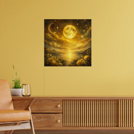 Póster Luna Llena Dorada Sobre Lago Encantado — Fantasía