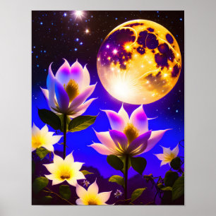 Póster Luna llena, Luna brillante, Noche estrellada, Luz