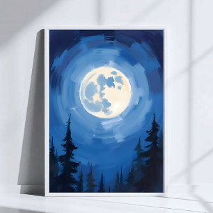 Póster Luna Llena   Pintura al Acuarela del Bosque del Ci
