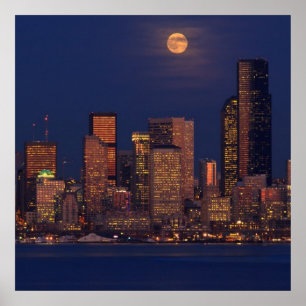 Póster Luna Llena que sube sobre el horizonte céntrico d