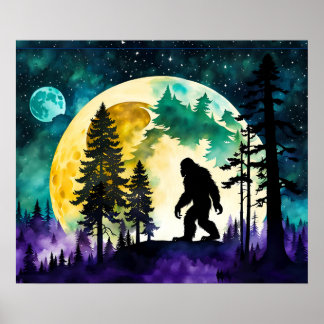 Póster Luna llena Sasquatch en la montaña