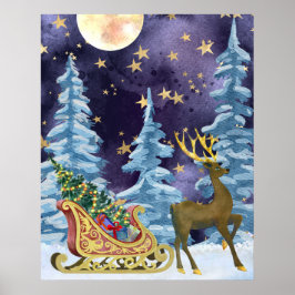 Póster Luna Llena Sobre Reno Con Sleigh