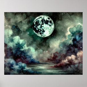 Póster Luna Mística Nubes Cósmicas en Cielo Nocturno Onír