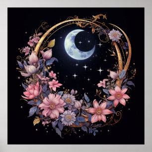 Póster Luna mística y flores