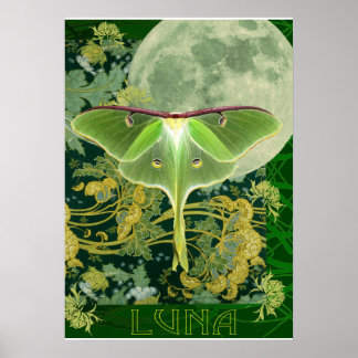 Póster Luna Moth and Moon Poster, Green Nature Collage