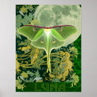 Póster Luna Moth and Moon Poster, Green Nature Collage Po