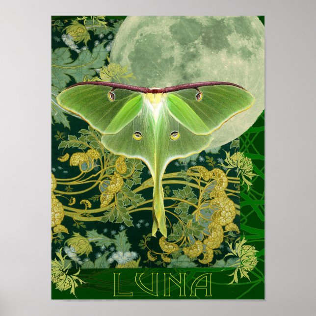 Póster Luna Moth and Moon Poster, Green Nature Collage Po (Frente)