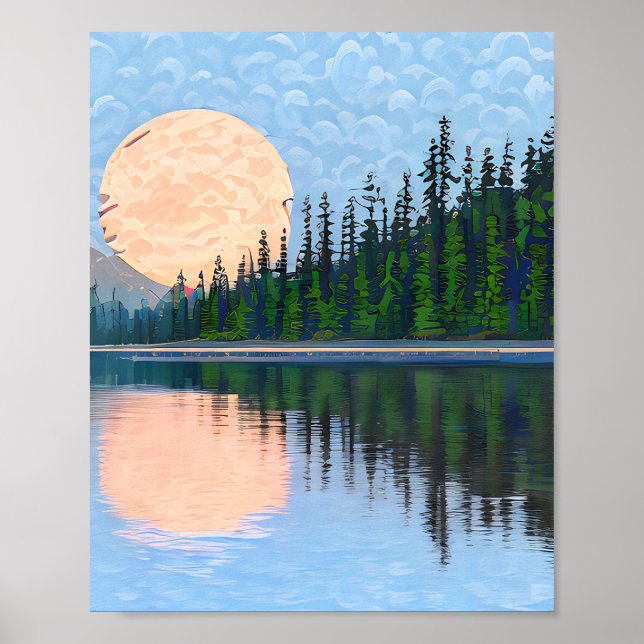 Póster Luna reflexionando sobre un lago (Frente)