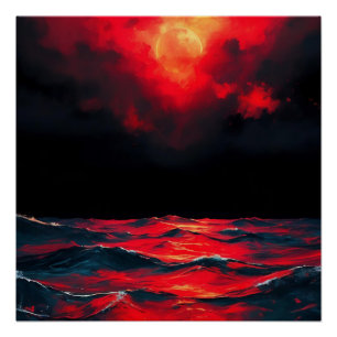 Póster Luna Roja Sobre El Océano Oscuro Dramática Fantasí