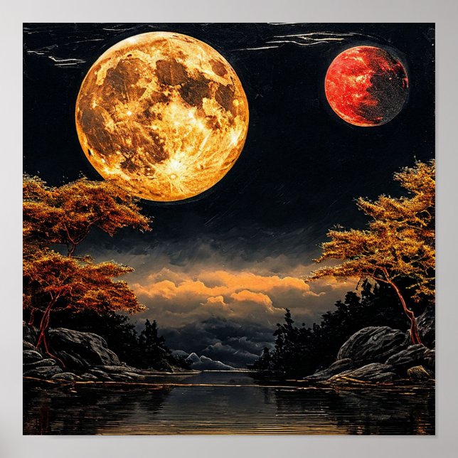 Póster Luna roja sobre un lago (Frente)
