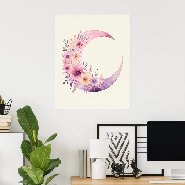 Póster Luna rosa de media luna con flores de Bonito (Oficina en casa)