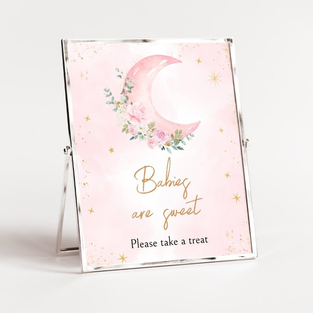 Póster Luna rosa y estrellas Baby Shower Los bebés son du (Twinkle Little Star Baby Shower Babies are Sweet Sign)