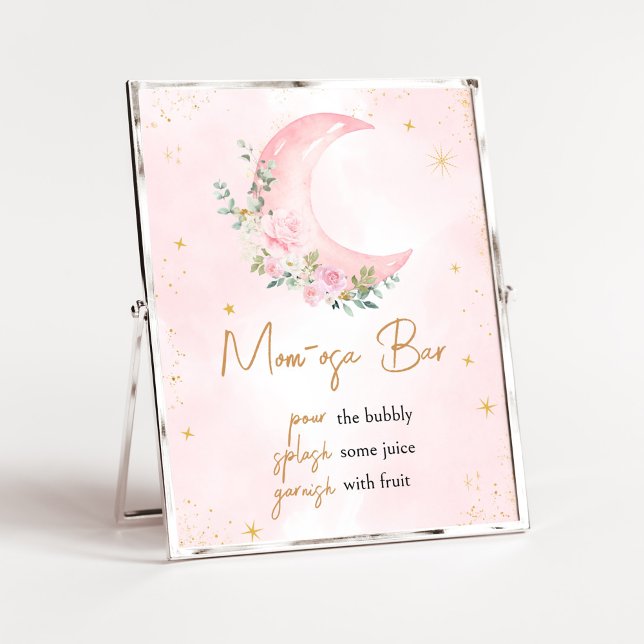 Póster Luna rosa y estrellas Baby Shower Mom Osa Bar (Twinkle Little Star Baby Shower Mom Osa Bar Sign)