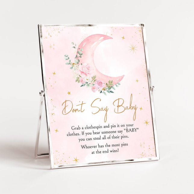 Póster Luna rosa y estrellas Baby Shower no dicen bebé (Twinkle Little Star Baby Shower Don't Say Baby Sign)