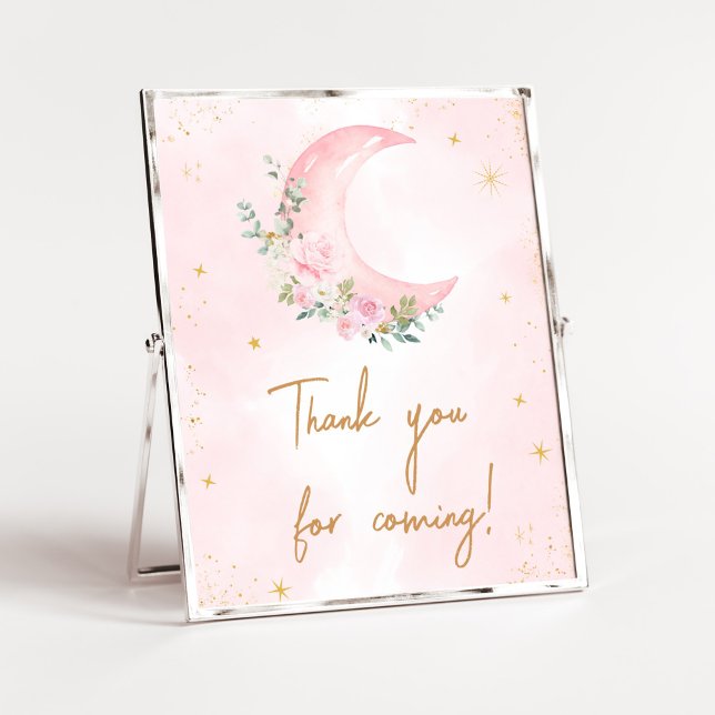 Póster Luna rosa y estrellas bebé Gracias por venir (Twinkle Little Star Baby Shower Thank you for Coming Sign)