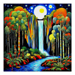 Póster Luna sobre cascada