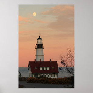 Póster Luna sobre el faro principal de Portland