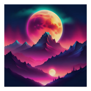 Póster luna surgiendo entre las montañas