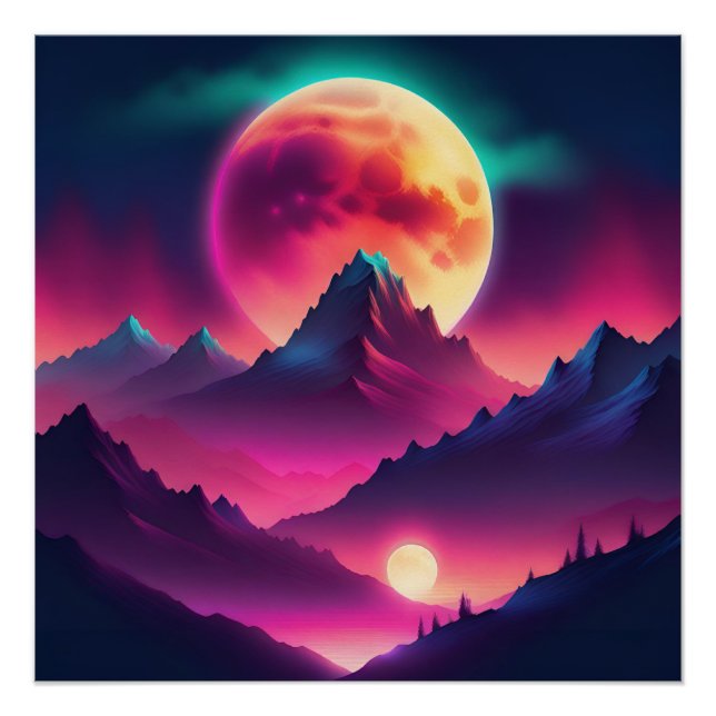 Póster luna surgiendo entre las montañas (Anverso)