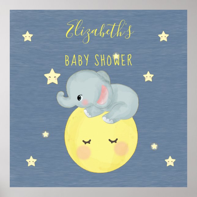 Póster Luna y estrellas adoran la ducha de bebé elefante (Frente)