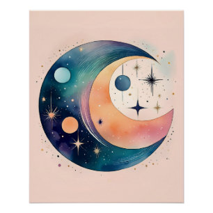 Póster Luna y estrellas cósmicas de Crescent - Arte de Su