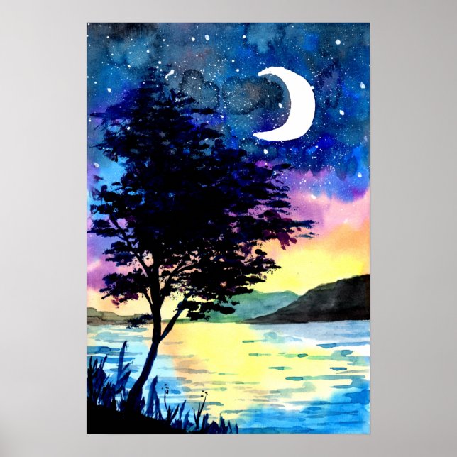 Póster Luna y estrellas sobre el lago (Frente)