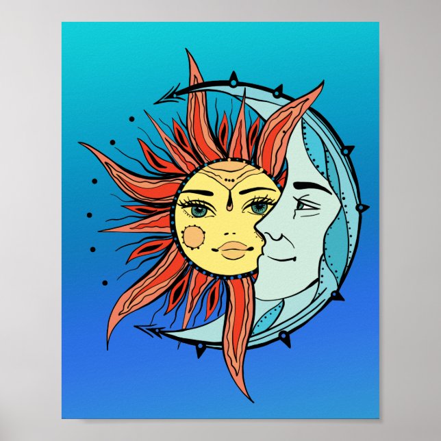 Póster Luna y sol. Ilustracion de tatuajes de estilo vint (Frente)