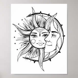 Póster Luna y sol. Ilustracion de tatuajes de estilo vint
