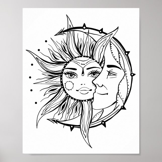 Póster Luna y sol. Ilustracion de tatuajes de estilo vint (Frente)