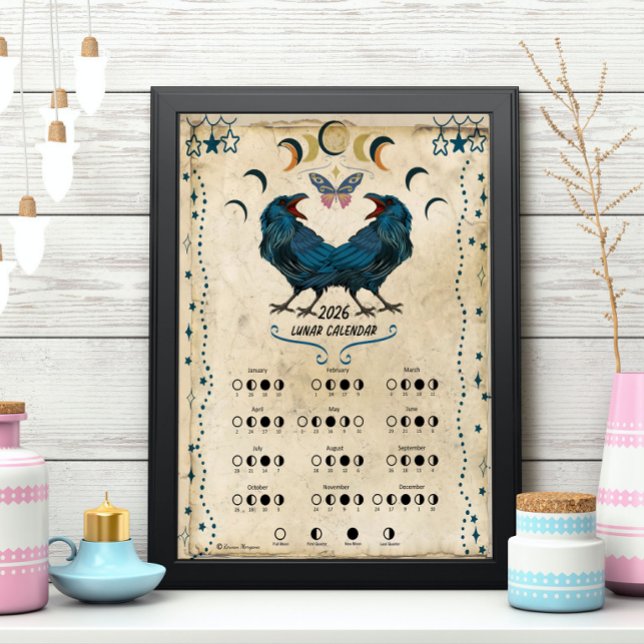 Póster LUNAR CALENDAR 2026,  Crow Moon, Wicca Witch Moon (Frame it and place it on your altar.)