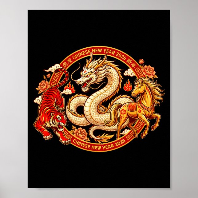 Póster Lunar Zodiac Dragon Tiger Horse Harmony Chinese Ne (Frente)