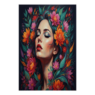 Póster ​"Lush Floral Dream Woman | Vibrant Portrait Art"