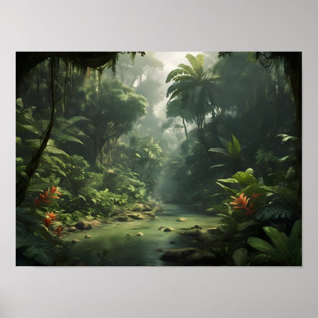 Póster Lush Green Tropical Rainforest Jungle River (Frente)