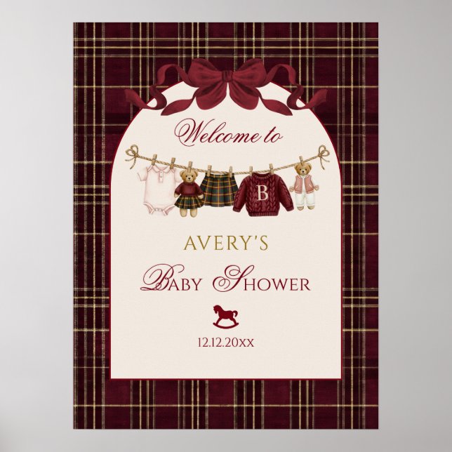 Póster Luxsary Teddy Bear Baby Shower Girl Plaid Bow  (Frente)